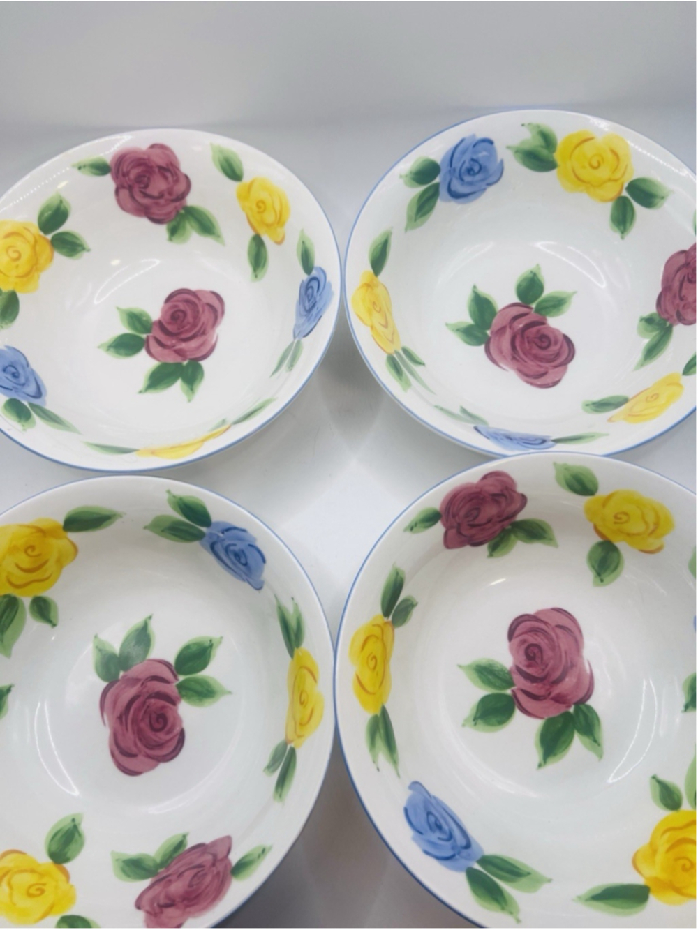 Set of (4) Tabletops Unlimited Rose Fantasy Bowls Soup Cereal Yellow Pink Blue